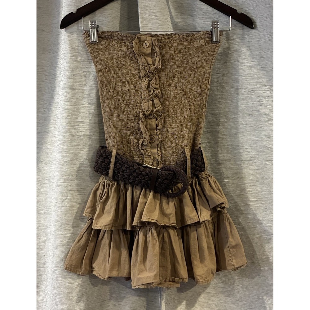 Poetry Y2K Brown Smocked Mini Dress Small Belted Ruffle Cottage Festival Boho